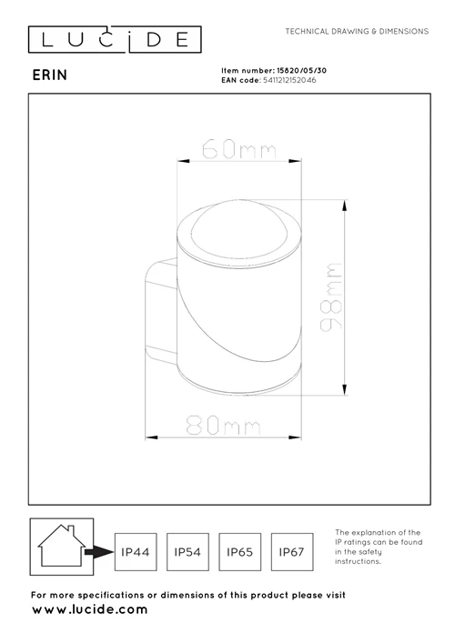 Lucide ERIN - Spot mural / Applique mural Intérieur/Extérieur - LED - 1x5W 2700K - IP65 - Noir - technique
